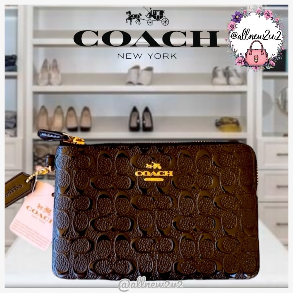 Coach Signature Design Embossed Patent / Leather Corner Zip Wristlet